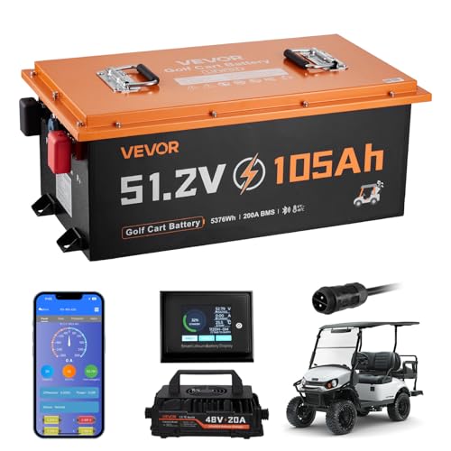 VEVOR 48V (51.2V) 105AH Lithium Golf Cart Battery, with 18A Charger, Lifepo4 Battery Kit, Built-in 200A BMS, with Bluetooth & Touch Monitor, 4000 Cycles, Metal Case, for Golf Carts, Trolling Motors