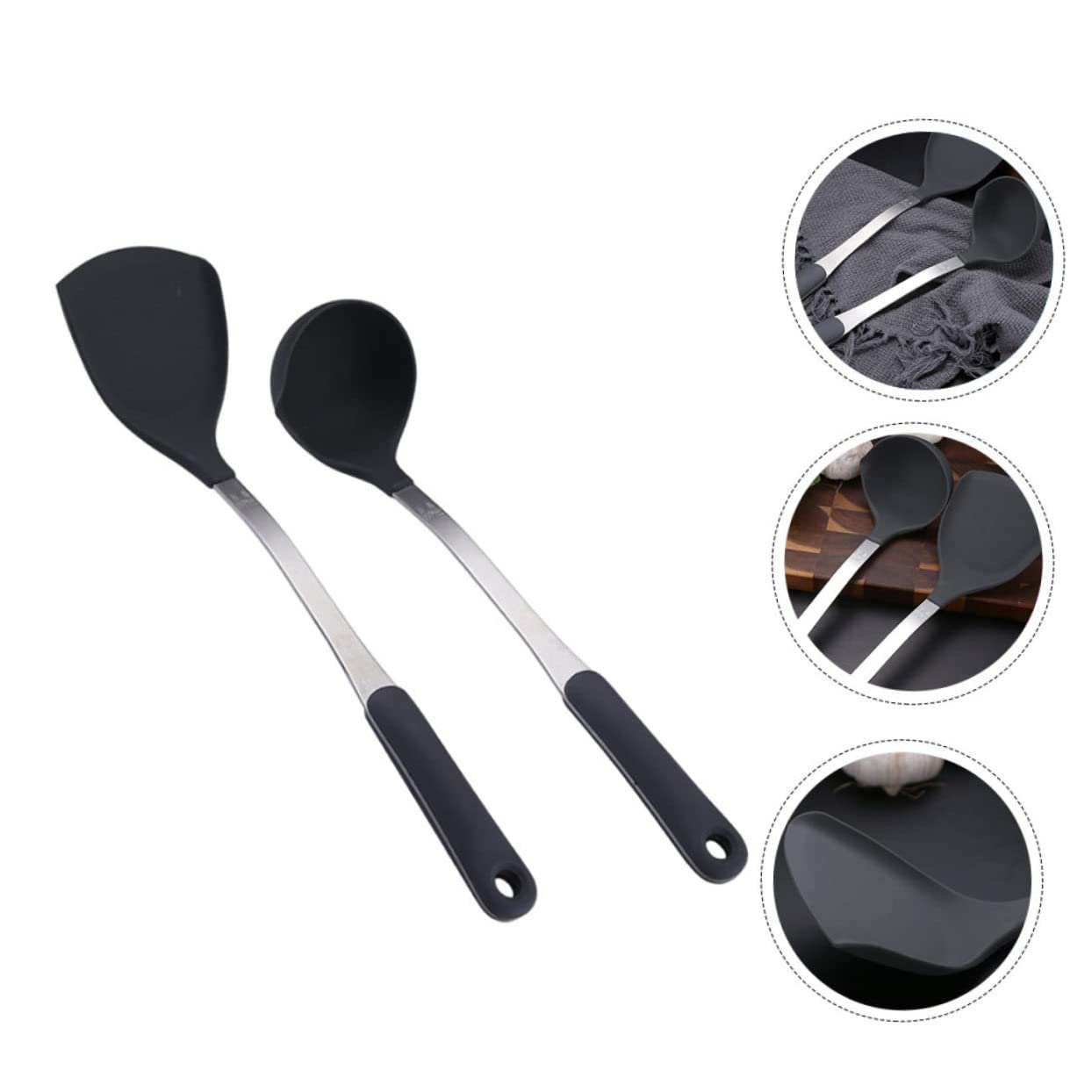 1 Set Pfannenwender, Haushaltswerkzeuge, Pfannenwender, Silikon-Küchenutensilien, Silikon-Wokwender, Wok-Utensilien, Ölschöpfkelle, Löffel, Spatel, Kochutensilien (schwarz, 37 x 9,5 x 5 cm)