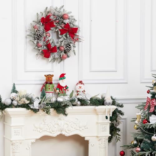 GAOMON Christmas Wreath with Lights, 24 Inch Snow Flocked White Winter Wreath with 30 LED Lights Pine Cones Velvet Bows for Front Door Fireplace Holiday Indoor Outdoor Decoration, Battery Operated