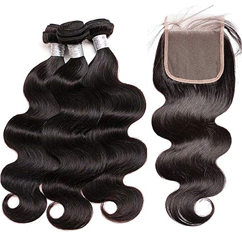 Youth Hair Peruvian Body Wave 3 Bundles with Closure 100% Unprocessed Peruvian Hair Bundles with Closure Natural Color Remy Hair Extensions (18" 20" 22"+ 16" Closure)