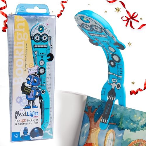 Image of Gifts for Readers & Writers Book Light for Kids, Clip On Reading Light for Bed, 2in1 Flexilight Pals & Bookmark, Small & Lightweight with a Soft Glow, 2 Batteries Included, Robot Blue