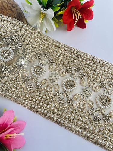 Encaje de lujo con perlas y diamantes oro pálido de 5.25 pulgadas para alta costura 4