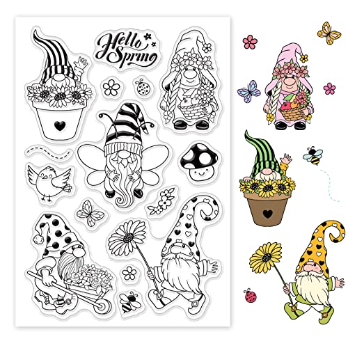 GLOBLELAND Spring Silikonstempel Gnome Klare Stempel Zwerg Transparente Stempel Siegel Clear Stamps Gnome für Kartenherstellung und DIY Scrapbooking Dekor Cover