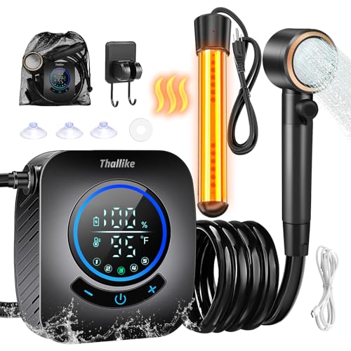 Ducha portátil mejorada con calentador, 1500W de potencia, bomba recargable de 8000mAh con pantalla LED, kit impermeable IPX8 para camping y senderismo miniatura 1