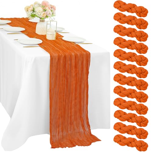 12 Pieces 10FT Orange Cheesecloth Table Runner Boho Gauze Fabric Runner for Tables Rustic Sheer Runner for Wedding Bridal Shower Birthday Holiday Party Cake Table Arbor Decor (35 x 120 Inches Long)