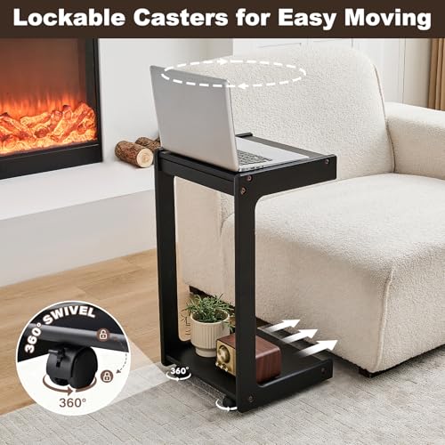 Image of Uniclinens Rolling Side Table for Sofa - C Shape Couch End Table with Wheels, Mobile Wooden Slim Sofa Tray, Movable Small Couch Desk for Living Room Bedroom, Black