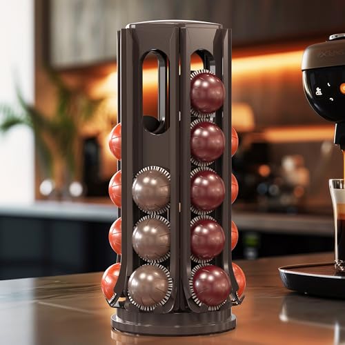 Image of Deco Brothers VertuoLine Pod Holder, 360 Turntable Rotating Pod Carousel | Holds up to 36 Nespresso Vertuo Capsules, Easy Access Design, Brown