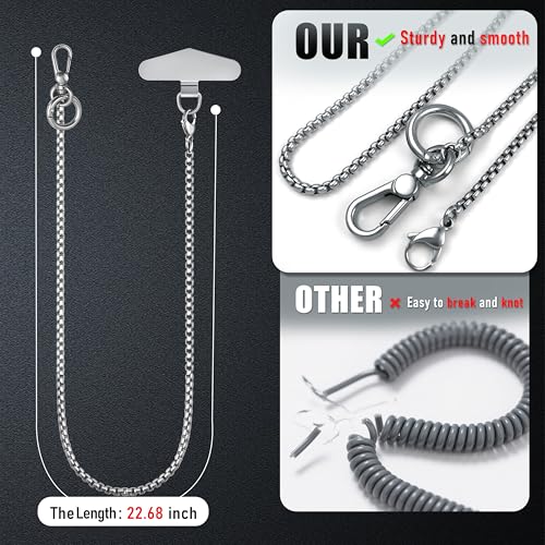 Image of ROCONTRIP Anti-Theft Phone Lanyard Tether & Pants Chain Heavy-Duty Phone Strap With Metal Tether Tab Detachable Anti-Drop Lanyard for iPhone,Wallet,Key Great for Outdoor Hiking Cycling(Silver)