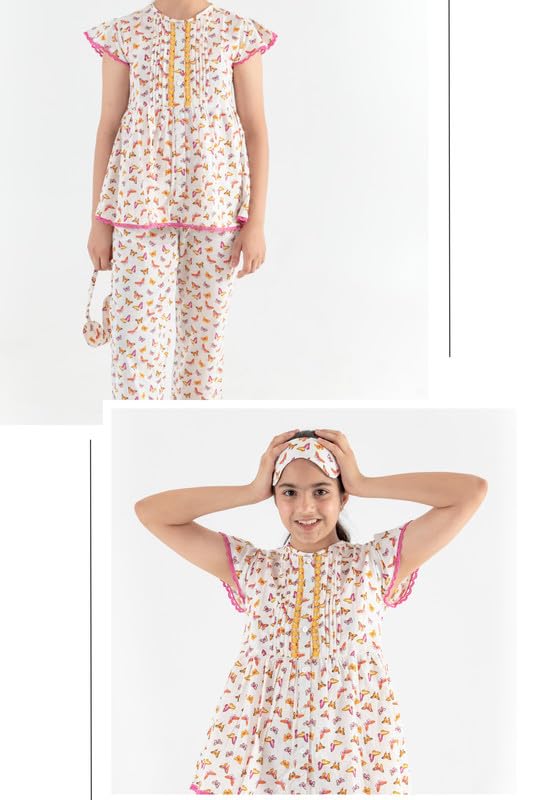Image of Tweeny Mini Girls Kids Pure Cotton Nightsuit | Nightwear | Sleepwear | Nightdress with Pajama and Halfsleeve Top Cute Butterfly Printed with Eye Mask
