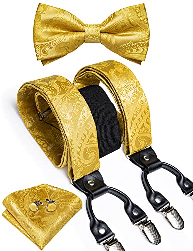 Image of DiBanGu Paisley Bow Tie and Supenders for Men Tuxedo Heavy Duty 6 Clips Suspender Adjustable Y-Shape Mens Trouser Braces