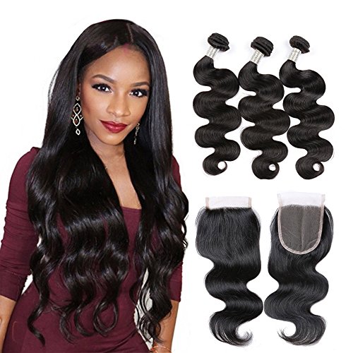 MDL Hair 8A Brazilian Body Wave Hair Bundles With Closure Body Wave Virgin Human Hair Weave 100% Unprocessed Hair Extensions Natural Black Color (18 20 22+16) …