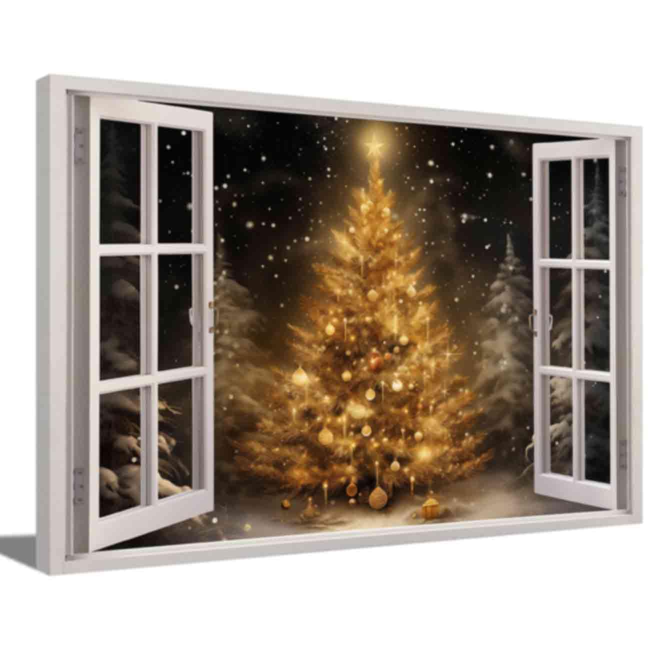 ZQQART Christmas Canvas Wall Art Christmas Tree in Snow with Window Pictures Prints Snowman Poster Winter Village Art 3D Window Framed Painting (Gold,12.00" x 18.00")