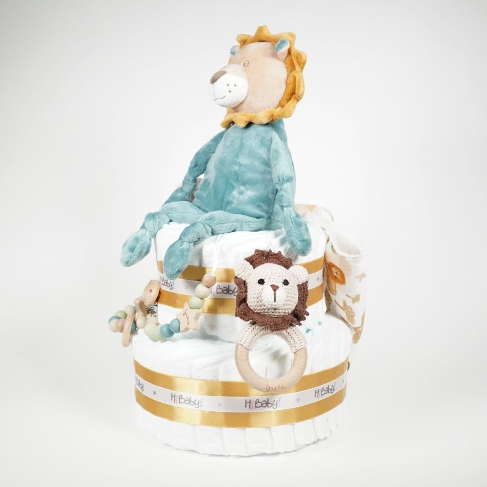 Tarta de pañales personalizada para bebé Baby Lion, Regalo Original para Baby Shower, Recién Nacido, Bautizo, Pañales D. Sensitive, Pastel de pañales
