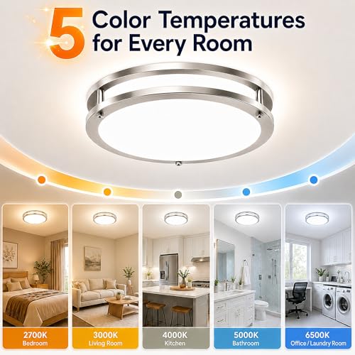 Image of 2-Pack 10Inch Flush Mount Ceiling Lights, 30W 3200lm Super Bright LED 2700K /3000K /4000K /5000K /6500K Adjustable Dimmable Ceiling Light, Brushed Nickel Light Fixture for Closet Kitchen Hallway Bathroom