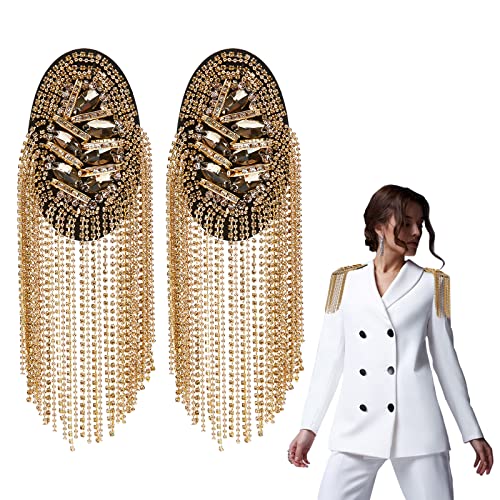 WEBEEDY 2pcs Metal Tassel Link Chain Epaulet Rhinestone Tassel Shoulder Epaulet Beaded Crystal Shoulder Boards Badge Brooch Pins Punk Epaulettes for Men Women Uniform Accessories (Gold)
