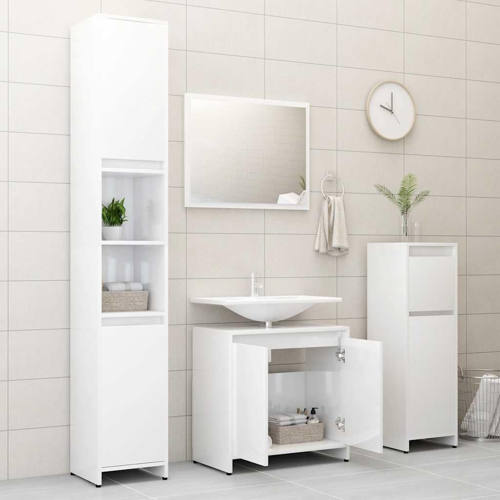 Badmöbel-Set Hochglanz-Weiß Holzwerkstoff mit Spiegel und Schrank, 1 Fach und 2 Türen, stilvolles Badezimmerschrank-Set für zusätzlichen Stauraum, pflegeleicht mit feuchtem Tuch
