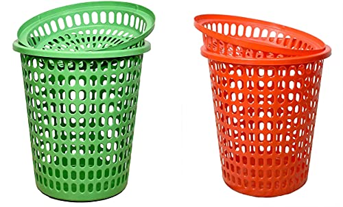 Image of Durable and Unbreakable Laundry Basket with Lid, Cap (50 L, Green and Red) - 2 Pieces