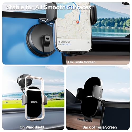 Image of Car Phone Mount with Vacuum Cup[360 Adjustable Foldable] Universal Tesla Model Y Accessories, Tesla Phone Mount for Your Car, for Model 3 /Y /S /X /Cybertruck Screen, Fits All Phones