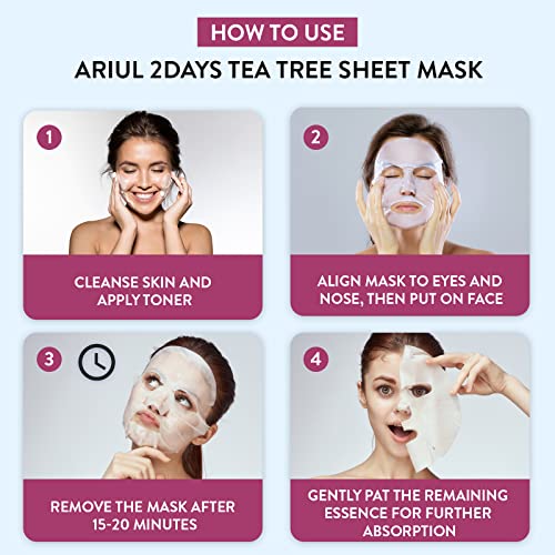 Ariul 2Days Tea Tree Sheet Mask – Clarifying Korean Skin Care - Suitable For All, Pore Minimizer & Hydrating Face Masks - Intensive Skincare Gift Set Includes 2 Masks Per Pack (Pack Of 3) #TOP5