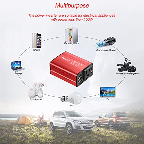 150W Car Power Inverter DC 12v to AC 110v Converter, Car Plug Outlet Adapter with 2 USB Ports and 1 AC Socket, Road Trip Essentials Accessories