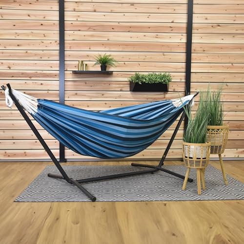 Image of Vivere Double Cotton Hammock, Space Saving Steel Stand, Blue Lagoon, 9 Ft