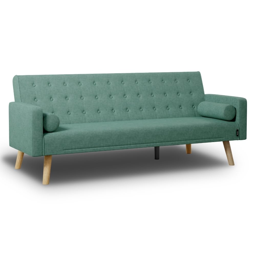 Nalui - Sofá Cama 3 Plazas Acolchado 203x82x78cm One Dots, 2 Cojines y Apertura Clic-​Clac con Dif. Grados de Reclinación. Sofá Cama Chaise Longue con Patas de Madera Convertible en Cama Doble | Verde