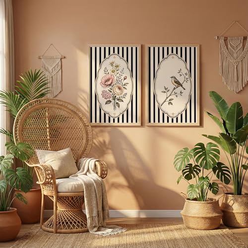 Image of NoWorries Vintage Floral & Bird Wall Art Set of 2 Framed Prints for Living Room Bedroom Office | Black Stripe Botanical Wall Decor with Wooden Frame (Art-9, 17x25inch)