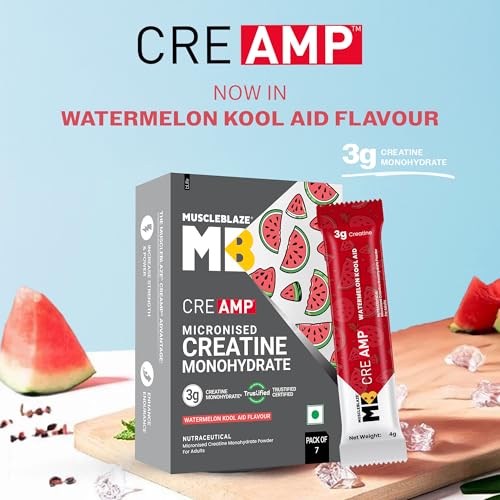 Image of MuscleBlaze Micronised Creatine Monohydrate CreAMP Powder, 7 Sachets | Watermelon Kool Aid | Trustified Certified Creatine | Travel Pack