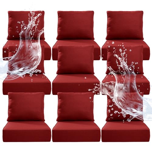 Artfurniz 6" Thicker Outdoor Chair Cushion 9 Sets - 24" *24" *6" Waterproof Patio Furniture Cushions with Removable Cover, 28D High Density Sponge Filling Thicken Outdoor Patio Cushions - Red