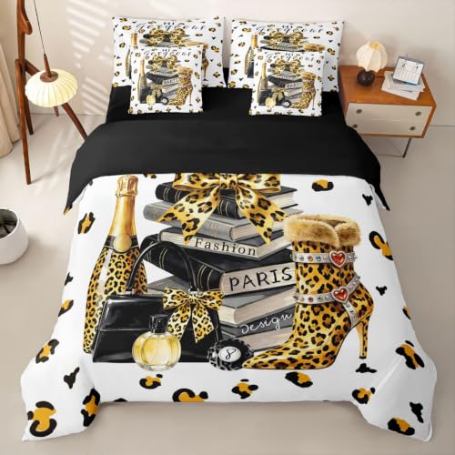 Loussiesd Juego de funda nórdica de 7 piezas con estampado de leopardo, tamaño Super King, para niños y niñas, con funda de edredón, sábanas, fundas de almohada, fundas de cojín