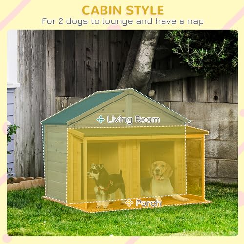 PawHut-50-Wooden-Dog-House-Outdoor-for-2-Medium-or-Small-Dogs-Cabin-Style-Double-Dog-House-with-Porch-2-Doors-Elevated-Floor-Natural-Wood - Cucciolini Doodles   PawHut-50-Wooden-Dog-House-Outdoor-for-2-Medium-or-Small-Dogs-Cabin-Style-Double-Dog-House-with-Porch-2-Doors-Elevated-Floor-Natural-Wood