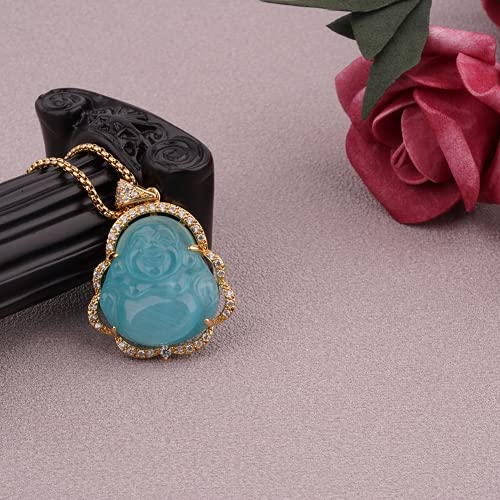 Image of ASGIFT Laughing Buddha Necklace Cubic Zirconia Green Jade Buddha Pendant with 18K Gold Plated Chain Lucky Buddha Necklace Jewelry Gift