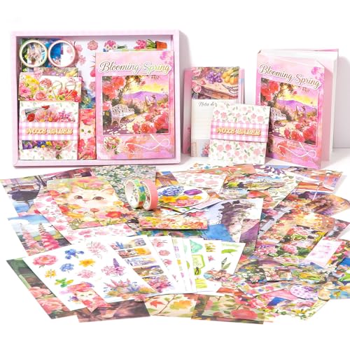 Image of VIBEVISTA Vintage Aesthetic Scrapbook Kit, 346 Pcs, A6 Grid Notebook, Washi , Envelopes, Scrapbook Papers, Folding Labels, Background Papers, Photo Frames, Calendar Stickers, Stickers (blooming spring)