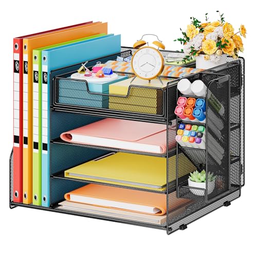 Marbrasse Schreibtisch Organizer mit Aktenhalter,4-Tier Briefablage Ablagefächer,Fachschubladen,Hängen Stifthalter,Mesh Schreibtisch Papier Ablage für HausBüro Bedarf Dokumentenablage (Schwarz)