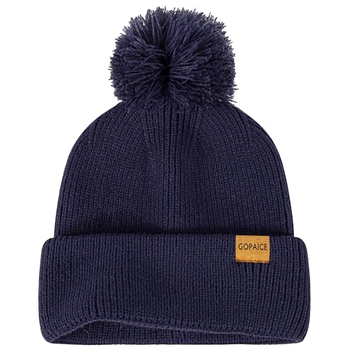 Gopaice Womens Winter Knitted Beanie Hat, Knitted Soft Ski Cuff Cap with Pom Pom Warm Fleece Lined Hat Navy Blue