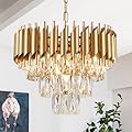 AXILIXI Gold Crystal Chandeliers 16” Modern Ceiling Pendant Light Fixture for Dining Room 3 Tiers Dimmable Round Flush Mount Chandeliers for Living Room Foyer Bedroom Kitchen
