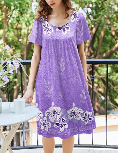 Image of Ekouaer Women's House Dress - Pleated Nightgown with Short Sleeves & Pockets