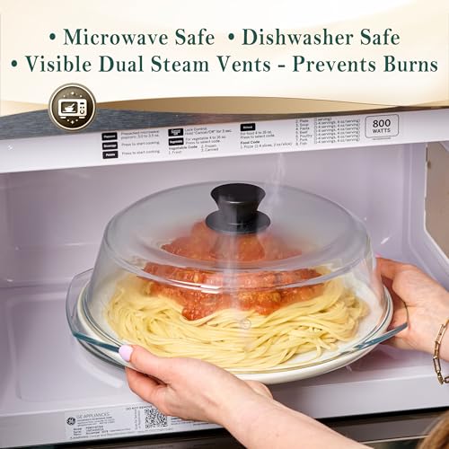 Image of Le'raze Tall Glass Microwave Splatter Cover - Cool Touch Easy Grip Handle | Durable Borosilicate Glass, Plastic Free, Lead & BPA Free, Dishwasher Safe, Dual Steam Vents, Clear Food Plate Guard Lid