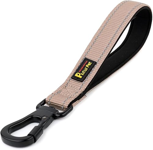 Miniatura 32 de PLUTUS PET Correa corta de 10 pulgadas para perros grandes con clip de mosquetón de bloqueo y asa acolchada (10 pulgadas, rosa) Beige,Negro