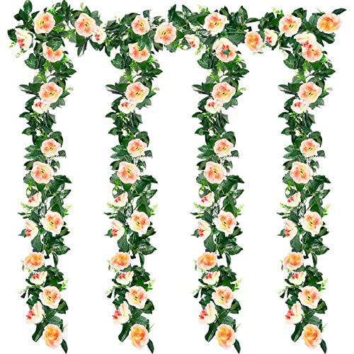 YOCOLE Lot de 4 Guirlande Fleurs Rose Artificielles, 2m Simulation Rose Soie Fleur de Vigne Lierre à Suspendre, Fausse Guirlande Feuille pour Fête, Maison, Jardin, Mariage Décoration, Champagne Cover