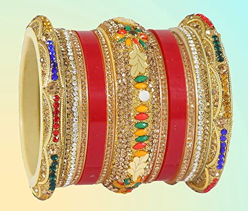 Image of NMII Traditional Gold Plated Acrylic Bangles Bridal Chuda Set For Women & Girls with Zircon Diamond & Pearls Beads Work | Royal Wedding Chudas | Premium Look | Bangles For Wedding, Festive, Function