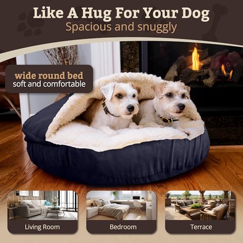 Image of Snoozer Cozy Cave Dog Bed, Round Covered Dog Bed, Navy (L)