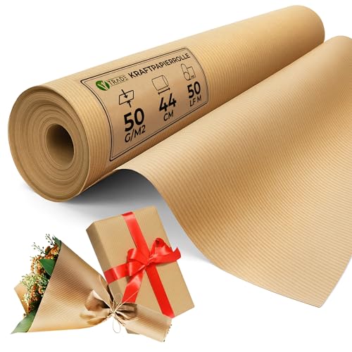 V1 Trade Kraftpapier Rolle 44cm x 50m Packpapier Braun 50g/m Geschenkpapier zum Einpacken Verpackungsmaterial Papierrollen für Basteln & Verpackung Recycelbar & Natur