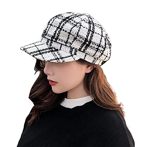 Plaid Newsboy Hat Striped Flat Ivy Visor Beret Cap For Women Tweed 8 Panel Newsie Baker Boy Hat Cabbie Fiddler White #TOP1