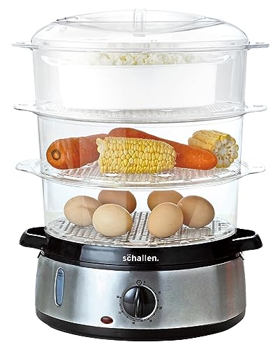 Schallen Premium Healthy Eating Electric Food Steamer Machine Large 9L Capacity 3 Tier Rice Meat Vegetable Food Steaming Cooker | Stainless Steel Silver & Black | 60 Minute Timer
