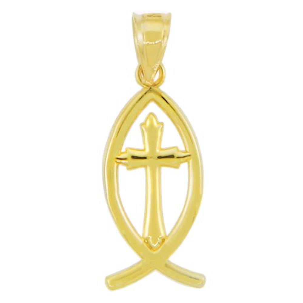 14k Gold Jesus Cross Charm Ichthus Christian Fish Pendant