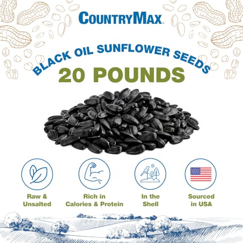 Image of CountryMax 20LB Black Oil Sunflower Seeds for Birds - in Shell | Thin Shells, Cardinal Favorite, High Energy & USA Sourced. For Ground Feeding or Bird Feeders, For Year-Round Feeding