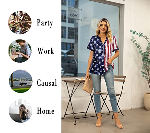American Flag Shirt Tops Women 4Th Of July T-Shirts Ring Hole Star Stripes Usa Short Sleeve V-Neck Patriotic Tees #TOP5