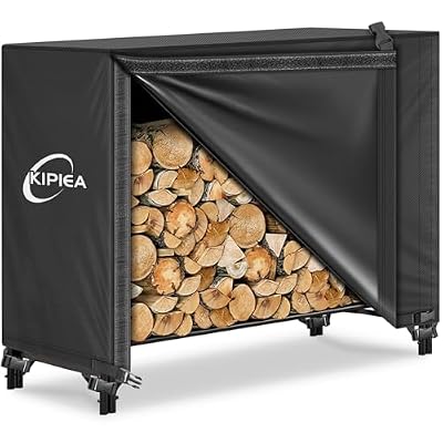 Kipiea 4FT Waterproof Firewood Storage Log Rack Cover, Heavy Duty 600D Outdoor Wood Storage Rack Cover with Buckles and Full-Length Hook & Loop Fastener, Tear-Resistant