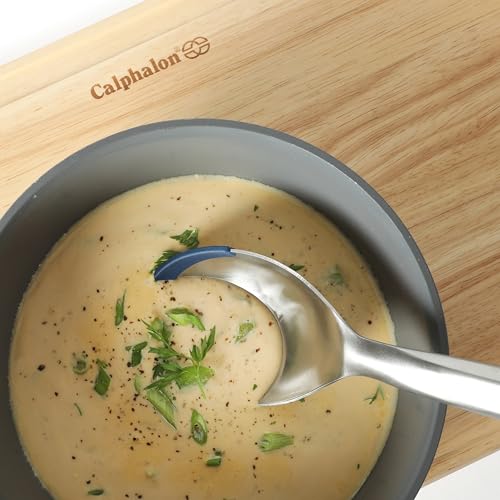 Image of Calphalon Prime Kitchen Spoon, Stainless Steel & Silicone Cooking Spoon with Navy Silicone Rim, Heat-Resistant Nonstick-Safe Spoon for Stirring, Mixing & Serving